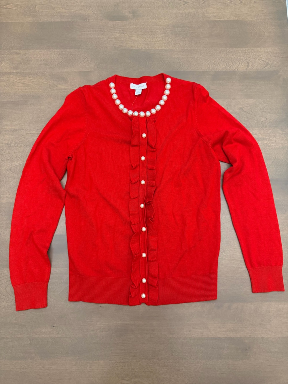 Charter Club Red Pearl Ruffle Cardigan Sweater Size Medium NWT